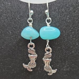 Handmade Silver Mermaid Earrings with Blue Accents 1.75"